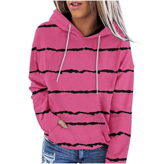 Fashion Hoodies for Women Pullover Plus Size Casual Striped Long Sleeve Pocket Hoodie