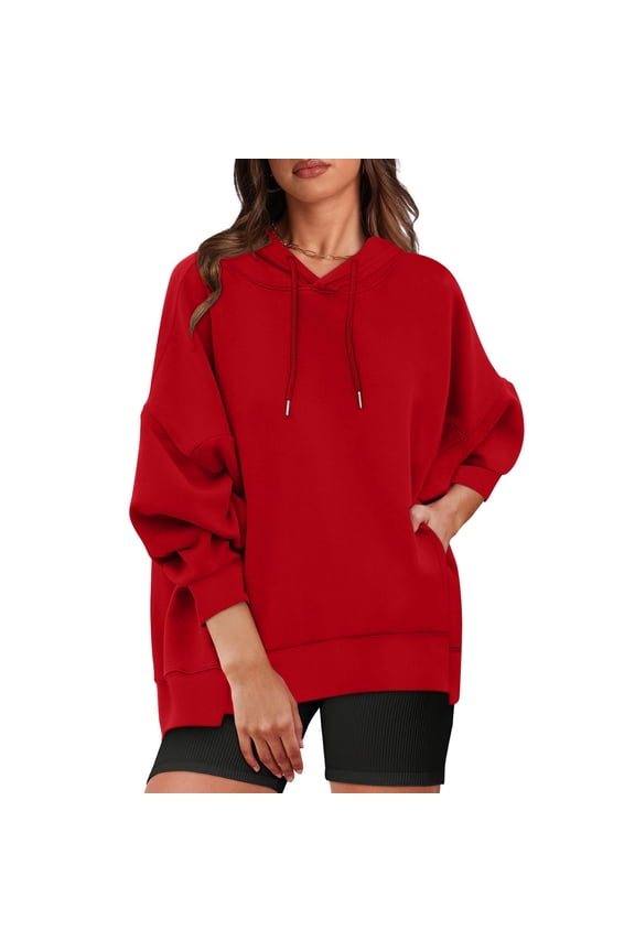Fashion Hoodies for Women Pullover Plus Size Fall Winter Solid Color Loose Long Sleeved Pockets Hooded Sweatshirts Top