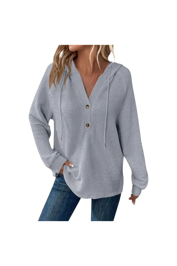Fashion Hoodies for Women Pullover Plus Size Solid Color Casual Hooded Button Long Sleeve Drawstring Sweatshirt Top