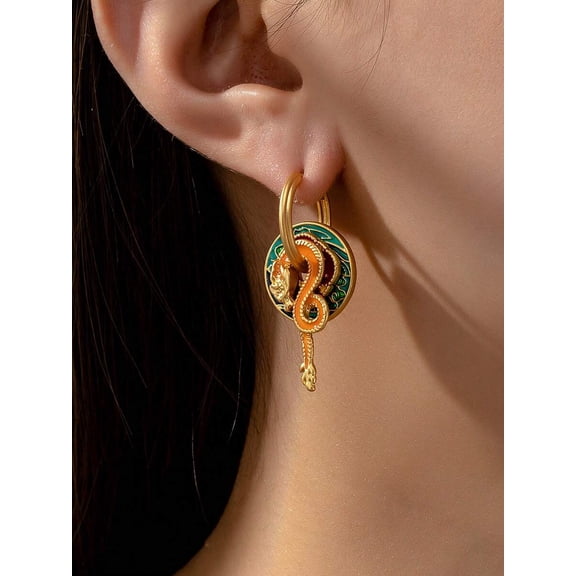 Fashion Hoop Earrings with Dragon Motif Enamel Design, Multicolor, 1 Pair