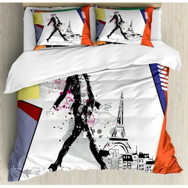 Fashion House Decor King Size Duvet Cover Set, A Girl Walking in Streets of Paris Sketch Style Romantic Eiffel Tower Image, Decorative 3 Piece Bedding Set with 2 Pillow Shams, Orange, by Ambesonne