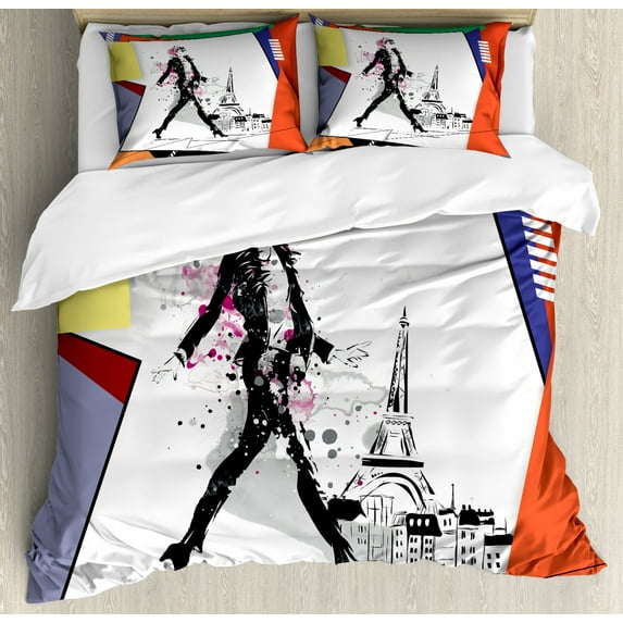 Fashion House Decor King Size Duvet Cover Set, A Girl Walking in Streets of Paris Sketch Style Romantic Eiffel Tower Image, Decorative 3 Piece Bedding Set with 2 Pillow Shams, Orange, by Ambesonne