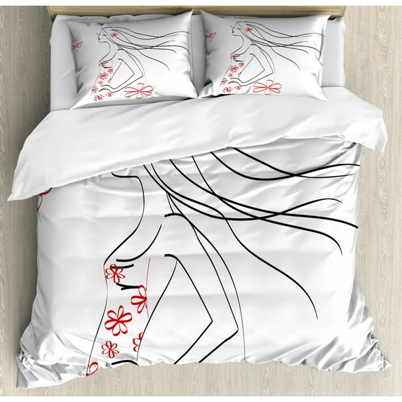 Fashion House Decor King Size Duvet Cover Set, Girl in Dress with Flower Ornamentals Butterfly Blowing Hair Art Print, Decorative 3 Piece Bedding Set with 2 Pillow Shams, White Red, by Ambesonne