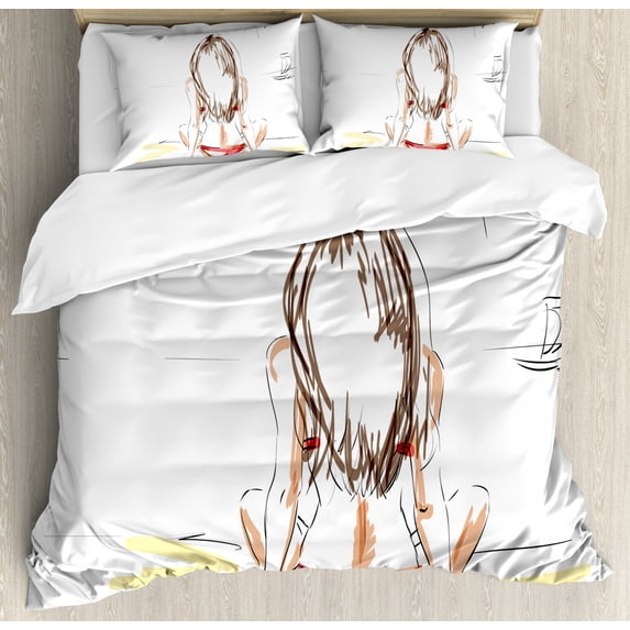 Fashion House Decor Queen Size Duvet Cover Set, Sketch of a Beautiful Girl on Beach Summer Holiday on Sand Sunbathing, Decorative 3 Piece Bedding Set with 2 Pillow Shams, Yellow White, by Ambesonne