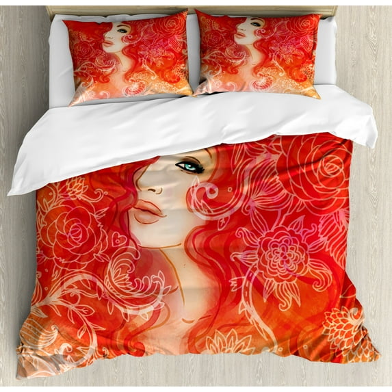 Fashion House Decor Queen Size Duvet Cover Set, Woman Face with Floral Ornamentals in Hair Glamour Watercolor Modern Art, Decorative 3 Piece Bedding Set with 2 Pillow Shams, Red White, by Ambesonne