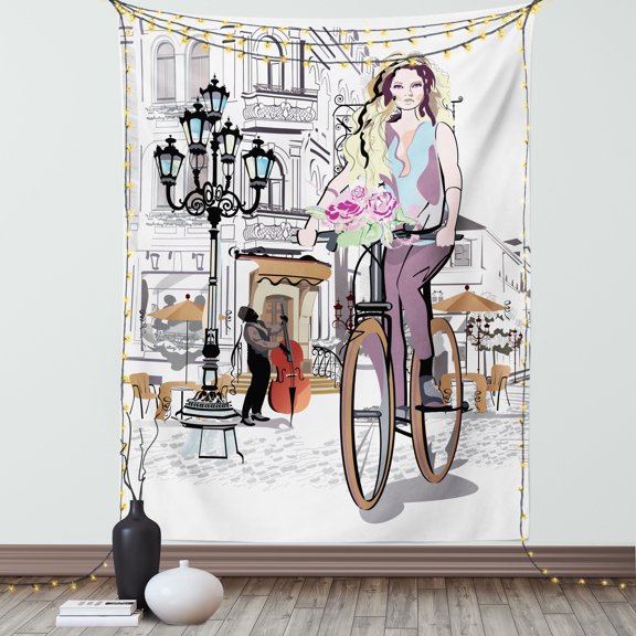 Fashion House Decor Tapestry, Girl with Bike and Roses in a Street Old Town Musician Romantic Tour in City, Wall Hanging for Bedroom Living Room Dorm Decor, 60W X 80L Inches, Pink, by Ambesonne
