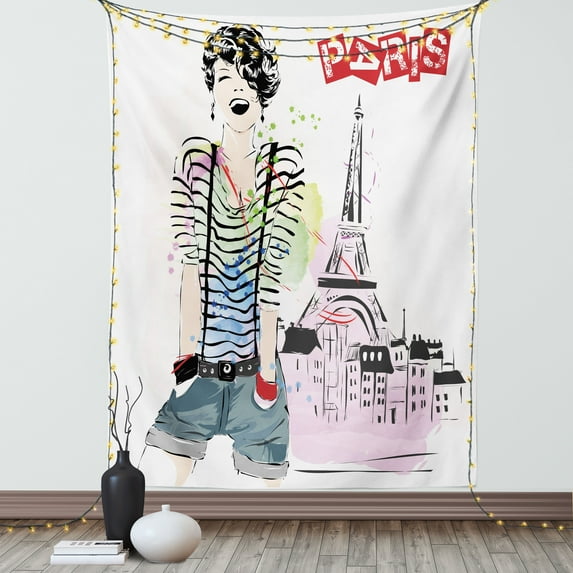 Fashion House Decor Tapestry, Sketch of Fancy Laughing Girl in front of Eiffel Tower Happiness Stain, Wall Hanging for Bedroom Living Room Dorm Decor, 60W X 80L Inches, Black White, by Ambesonne