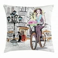 thumbnail image 1 of Fashion House Decor Throw Pillow Cushion Cover, Girl with Bike and Roses in a Street Old Town Musician Romantic Tour in City, Decorative Square Accent Pillow Case, 20 X 20 Inches, Pink, by Ambesonne, 1 of 2