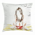 thumbnail image 1 of Fashion House Decor Throw Pillow Cushion Cover, Sketch of a Beautiful Girl on Beach Summer Holiday on Sand Sunbathing, Decorative Square Accent Pillow Case, 16 X 16 Inches, Yellow White, by Ambesonne, 1 of 2