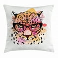 thumbnail image 1 of Fashion House Decor Throw Pillow Cushion Cover, Watercolor Portrait of Leopard with Glasses Splashing Paint Style, Decorative Square Accent Pillow Case, 18 X 18 Inches, Orange Pink, by Ambesonne, 1 of 2
