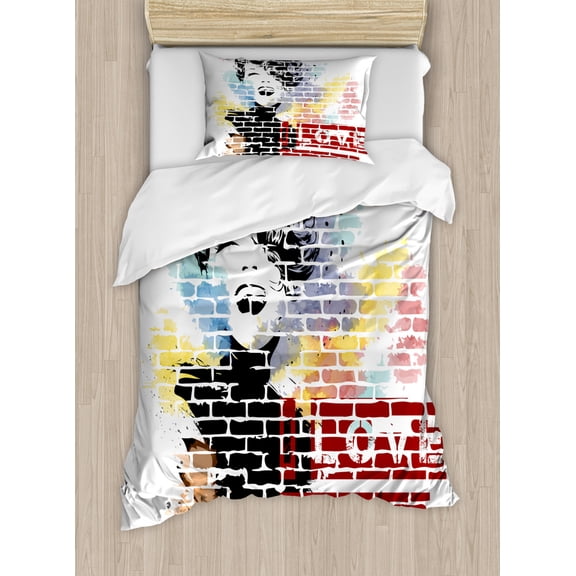 Fashion House Decor Twin Size Duvet Cover Set, Love Paris and Woman Figure on Wall Street Art Elegance Cool Artwork, Decorative 2 Piece Bedding Set with 1 Pillow Sham, Black Purple, by Ambesonne