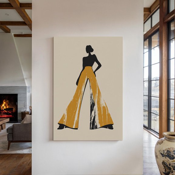 Fashion-Inspired Abstract Silhouette Of A Modern Woman In Bold Yellow Wide-Leg Pants With Black Brushstroke Details Wall Art, Modern Wall Decor, 8x12 UNFRAMED