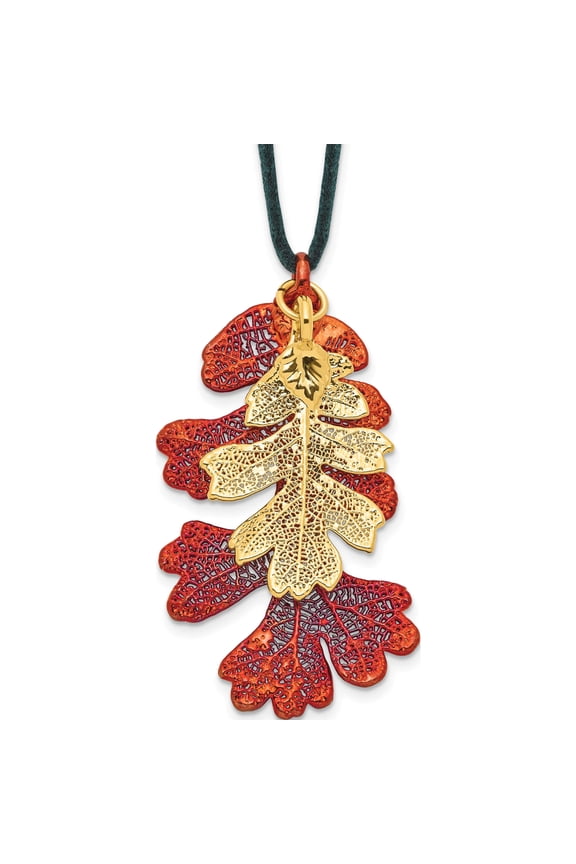 Fashion Iridescent Copper And 24K Gold Dipped Oak Leaf 20In Leather Cord Necklace Made In Thailand bf1970-20