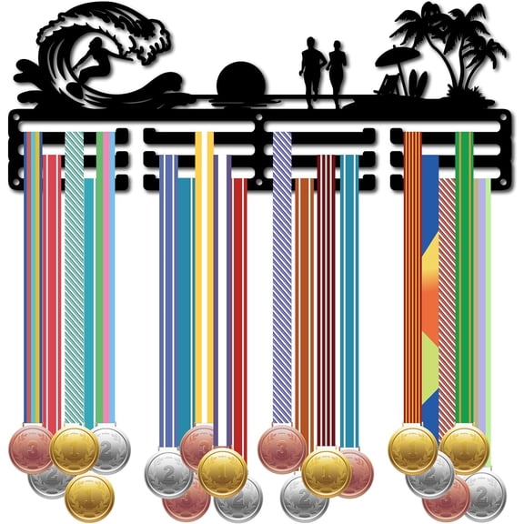 Fashion Iron Medal Hanger Holder Display Wall Rack 3-Line with Screws Black Seaside Scenery Tree 150x400mm Hole: 5mm