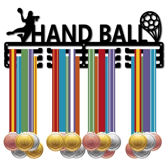 Fashion Iron Medal Hanger Holder Display Wall Rack 3 Lines with Screws Word Hand Ball Sports Themed Pattern 150x400mm DIY