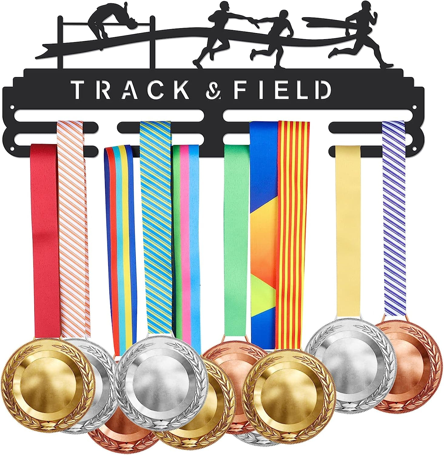 Fashion Iron Medal Hanger Holder Display Wall Rack with Screws 2 Line Word Track & Field Sports Themed Pattern 150x400mm