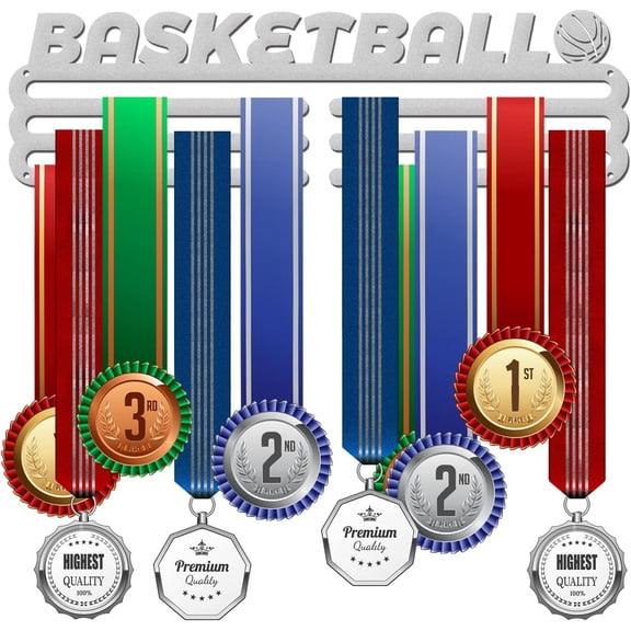 Fashion Iron Medal Hanger Holder Display Wall Rack with Screws Word Basketball Silver 115x400mm DIY