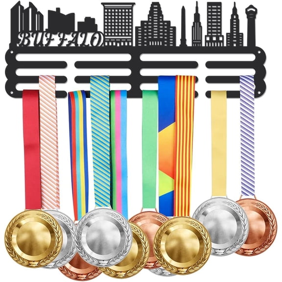 Fashion Iron Medal Hanger Holder Display Wall Rack with Screws Word Buffalo City Silhouette Pattern 150x400mm