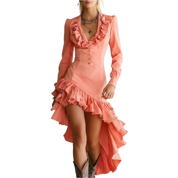 Fashion Irregular Hem Slim Party Dress Lady Solid Color Button Commuting Short Dress Sexy V-neck Long Sleeve Ruffles Dress