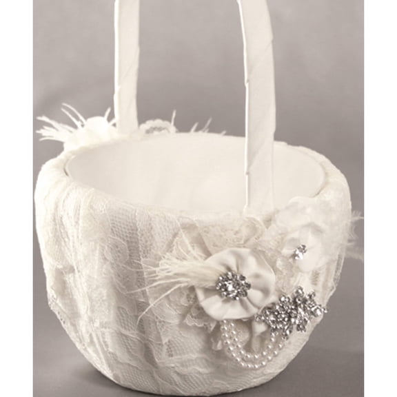Fashion Ivy Lane Genevieve White Lace Faux Pearl & Rhinestone Flower Basket (7 X 7) Made In China gm10952