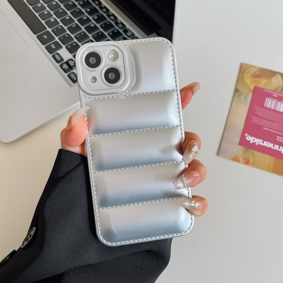 Fashion Down Jacket Case for iPhone 15, Soft Liquid Silicone TPU Phone Cover Shockproof Anti-Scratch Slim Flexible Lightweight Protective Puffer Case for iPhone 15 6.1-inch, Silver