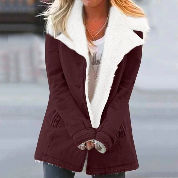Fashion Jacket Women Plus Size Lapel Button Down Faux Fur Coat Winter Warm Casual Outerwear Coats with Pockets Wine 5XL