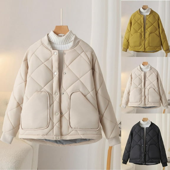 Fashion Jackets For Women Winter Long Sleeve Warm Quilted Floral Soild Puffer With Pockets Beige Parkas coat (3XL)