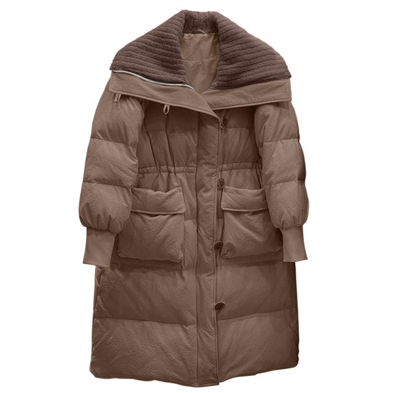 Fashion Jackets For Women Winter Long Sleeves Color Blocked With Zippered Pockets Khaki Parkas coat S-L