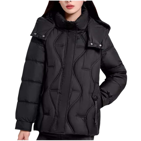 Fashion Jackets For Women Winter Solid Color Hooded Thick Casual Cotton Long Sleeved Black Jacket Coat (XL)