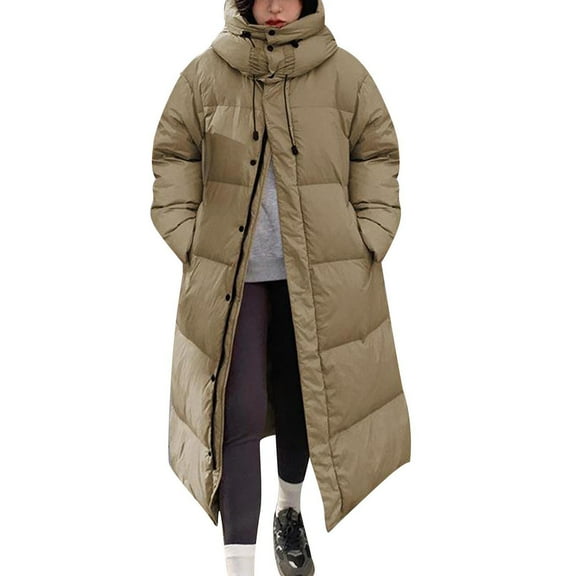 Fashion Jackets For Women Winter Solid Color Long Sleeved Hooded Thick Long Length Over Knee Khaki Jacket Coat S-XL