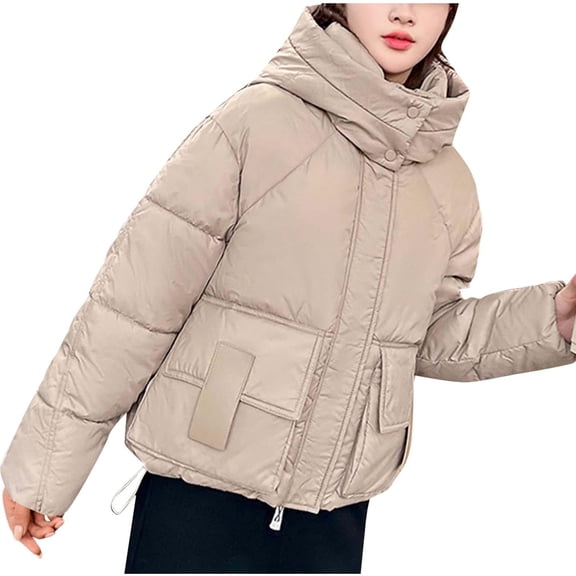Fashion Jackets For Women Winter Solid Color Short Style Loose And Thick Hooded Pocket Zipper Long Sleeved Khaki Parkas coat M-2XL