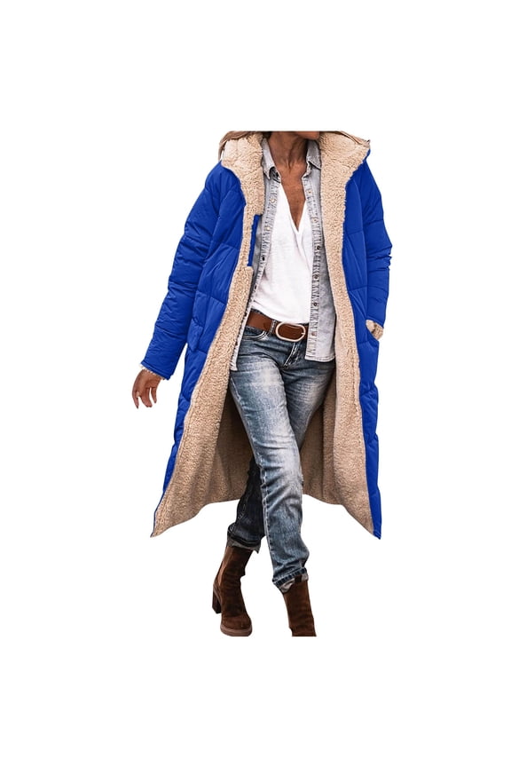 Fashion Jackets for Women New Women Winter Long Fleece Lined Coat Warm Quilted Plus Size Long Sleeve Hooded Jacket with Pocket Blue 3XL