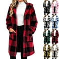 thumbnail image 1 of Fashion Jackets for Womens Fall and Winter Plaid Fuzzy Fleece Hooded Jacket Casual Mid Long Length Long Sleeve Outerwear Coat With Pockets, 1 of 6