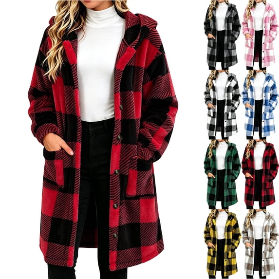 Fashion Jackets for Womens Fall and Winter Plaid Fuzzy Fleece Hooded Jacket Casual Mid Long Length Long Sleeve Outerwear Coat With Pockets
