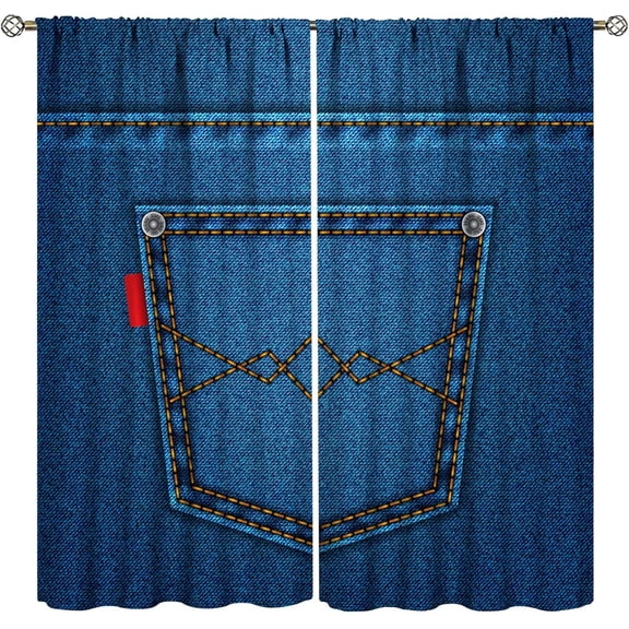 Fashion Jeans Pocket Background Curtains Denim Blue Indigo Grunge Textured Pattern Curtain with Rod Pocket for Bedroom Living Room Drapes Window Treatments 2 Panels Set 42x54 Inch