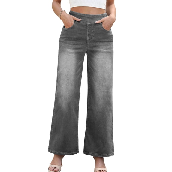 Fashion Jeans Womens High Rise Stretchy Denim Long Pants Wide Leg Pull On Jean Trousers with Pockets (M, Gray)