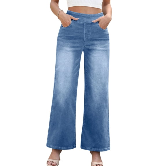 Fashion Jeans Womens High Rise Stretchy Denim Long Pants Wide Leg Pull On Jean Trousers with Pockets (XS, Blue)
