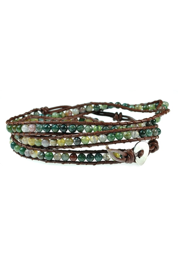Fashion Jewelry Handmade 26" Mix Green color agate gemstone on geniune leather wrap adjustable bracelet