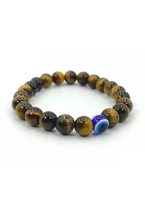 Fashion Jewelry Men Women Round 8MM Tiger Eye With Evil Eye Gemstone Bracelet - Great for Good Luck and Protection
