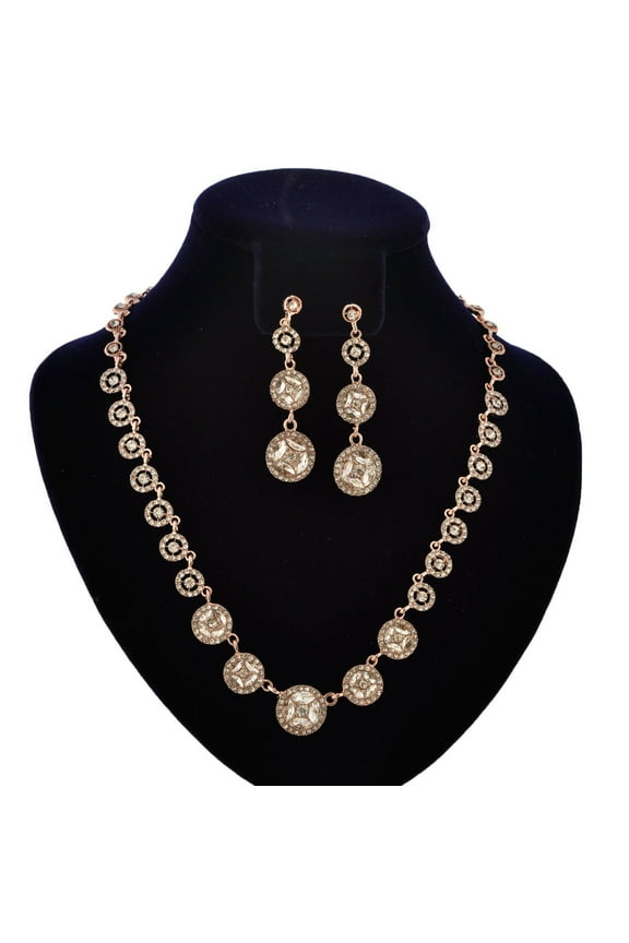 Fashion Jewelry Set Rose Gold Plating Crystal Rhinestone Necklace Earrings Set