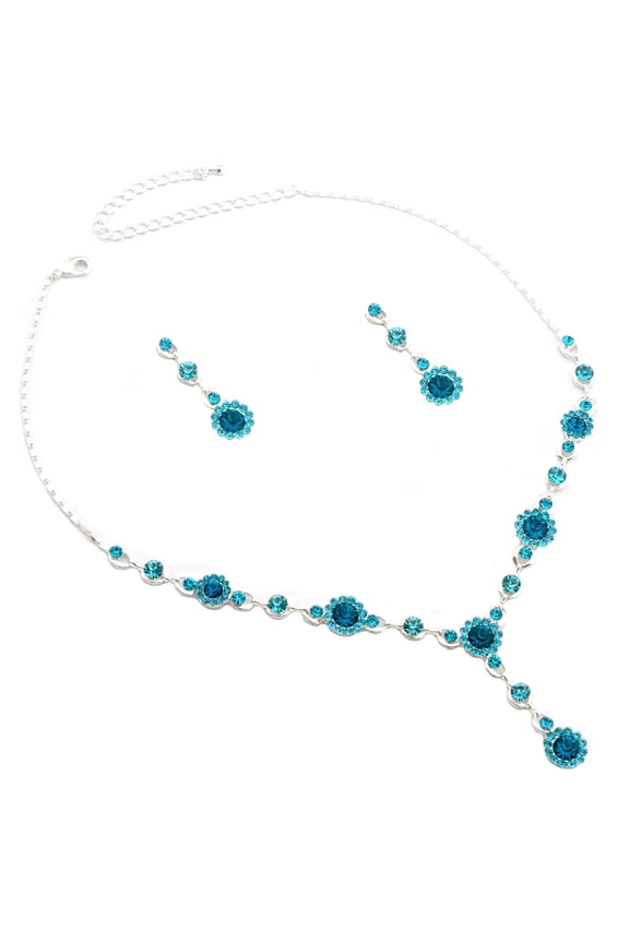 Fashion Jewelry Set Silver Plating Aqau Rhinestone Necklace Earrings Set