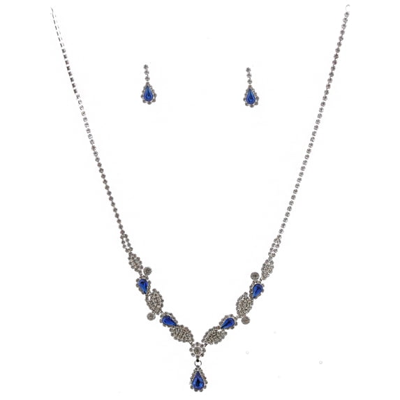 Fashion Jewelry Set Silver Plating Sapphire Rhinestone Necklace Earrings Set