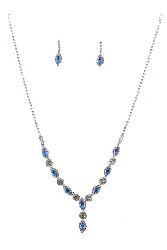 Fashion Jewelry Set Silver Plating Sapphire Rhinestone Necklace Earrings Set