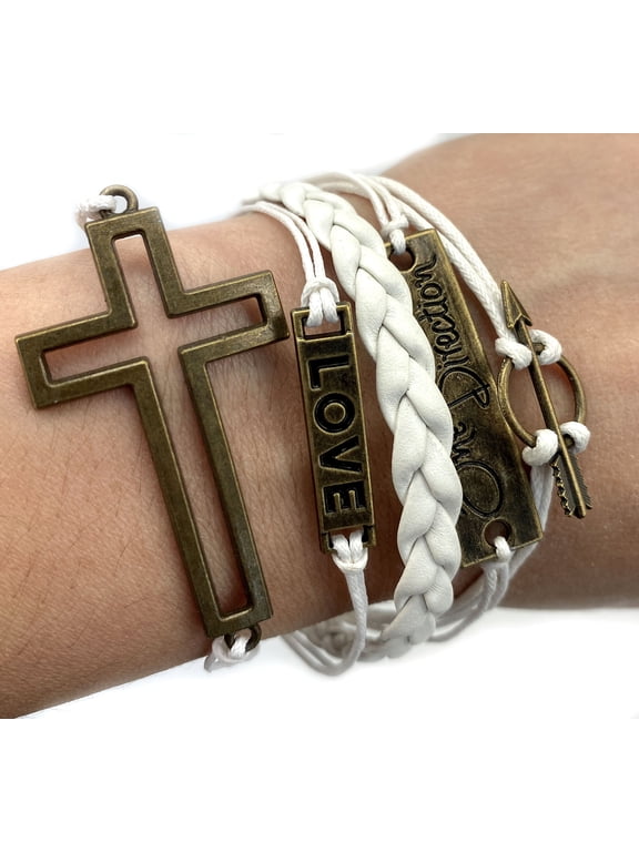 Fashion Jewelry vintage bronze cross love one direction arrow charms white braided leather rope bracelet -19