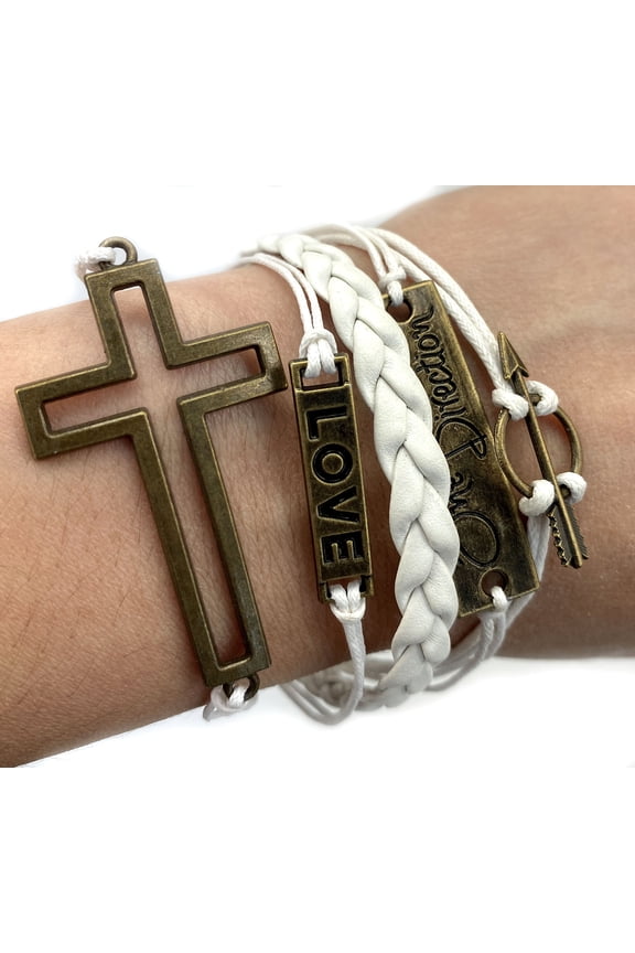 Fashion Jewelry vintage bronze cross love one direction arrow charms white braided leather rope bracelet -19