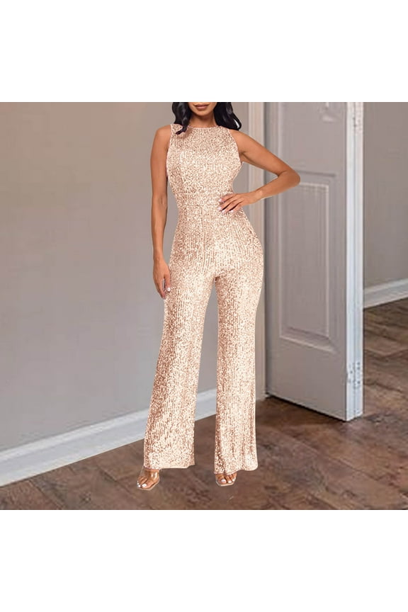 Fashion Jumpsuit for Women Sequin Sparkly Crewneck High Waist Jumper Slimming Glitter Evening Long Pant Clubwear, Rose Gold, XXXL