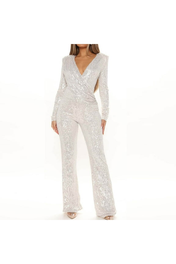 Fashion Jumpsuit for Women Sequin Sparkly Long Sleeve Elastic Waist Jumper Saxy Plunge Pleated Glitter Evening Clubwear, White, XL