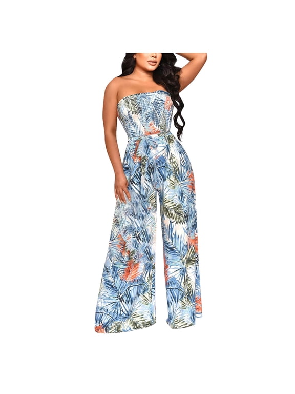 Fashion Jumpsuit for Women Summer Strapless Tie Waist Leaves Print Jumper with Pocket Slimming Smocked Party Playsuit, Blue, M