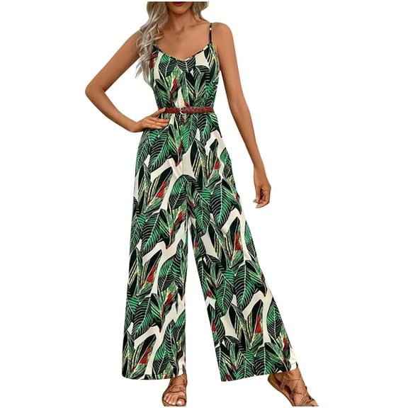 Fashion Jumpsuit for Women Summer Vacation Spaghetti Strap Print Long Romper with Belt High Waist Wide Leg Slimming Outfits, Army Green, M