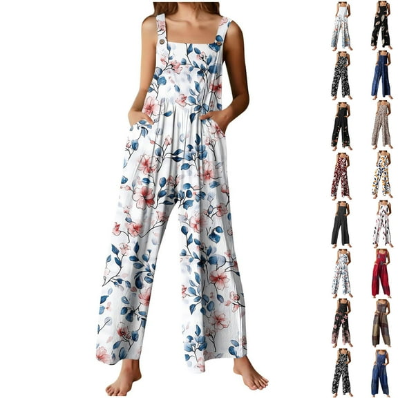 Fashion Jumpsuit for Womens Plus Size Flower Printing Button Pocket Jumpsuits Jeans Jumpsuit Up to 65% off!
